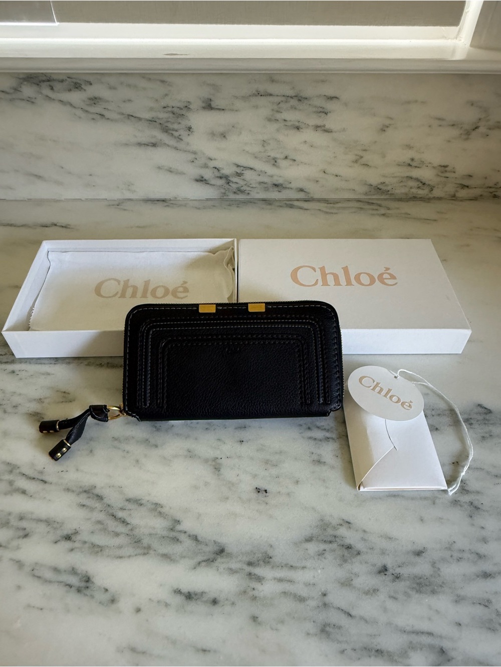 Chloé Black Leather Zip Card Holder with Gold Accents